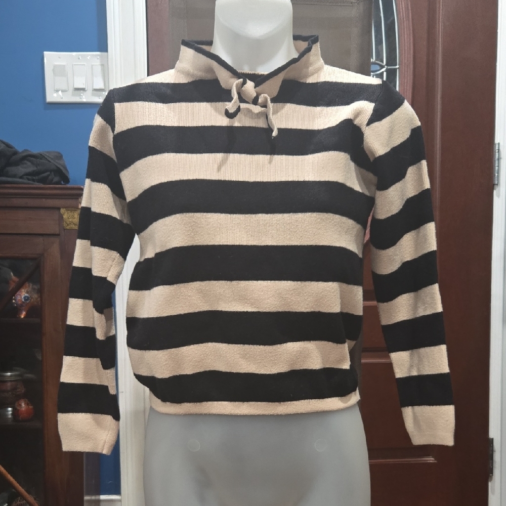 Chic Striped Black and Cream Women's Mockneck Sweater